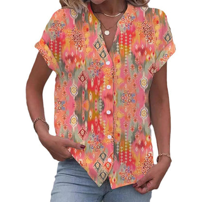 New Cross-border European And American Printed Button V-neck Short-sleeved Top Women's Clothing