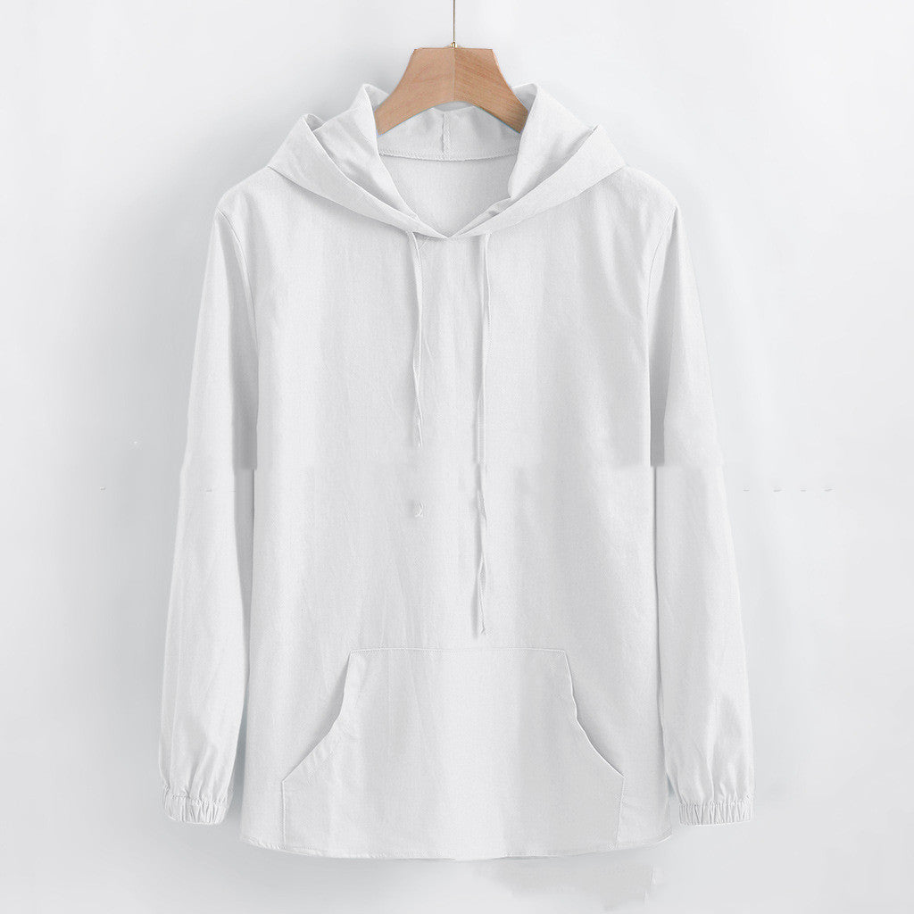 Fresh on the Scene at Buy Center: Men's Long-sleeved Hooded Cotton And Linen Shirt White