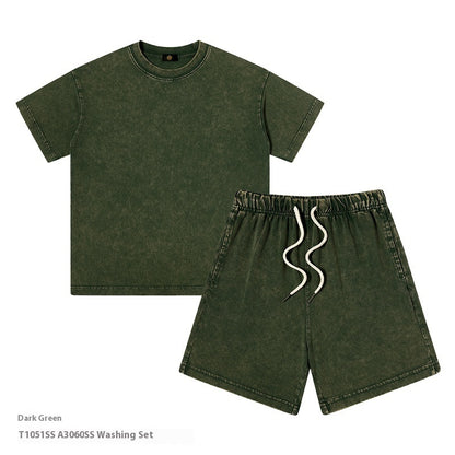 Just Arrived at Buy Center: Children's Clothing American 250g Heavy Washed Old Boys And Girls Suit Boys Two Piece Dark Green