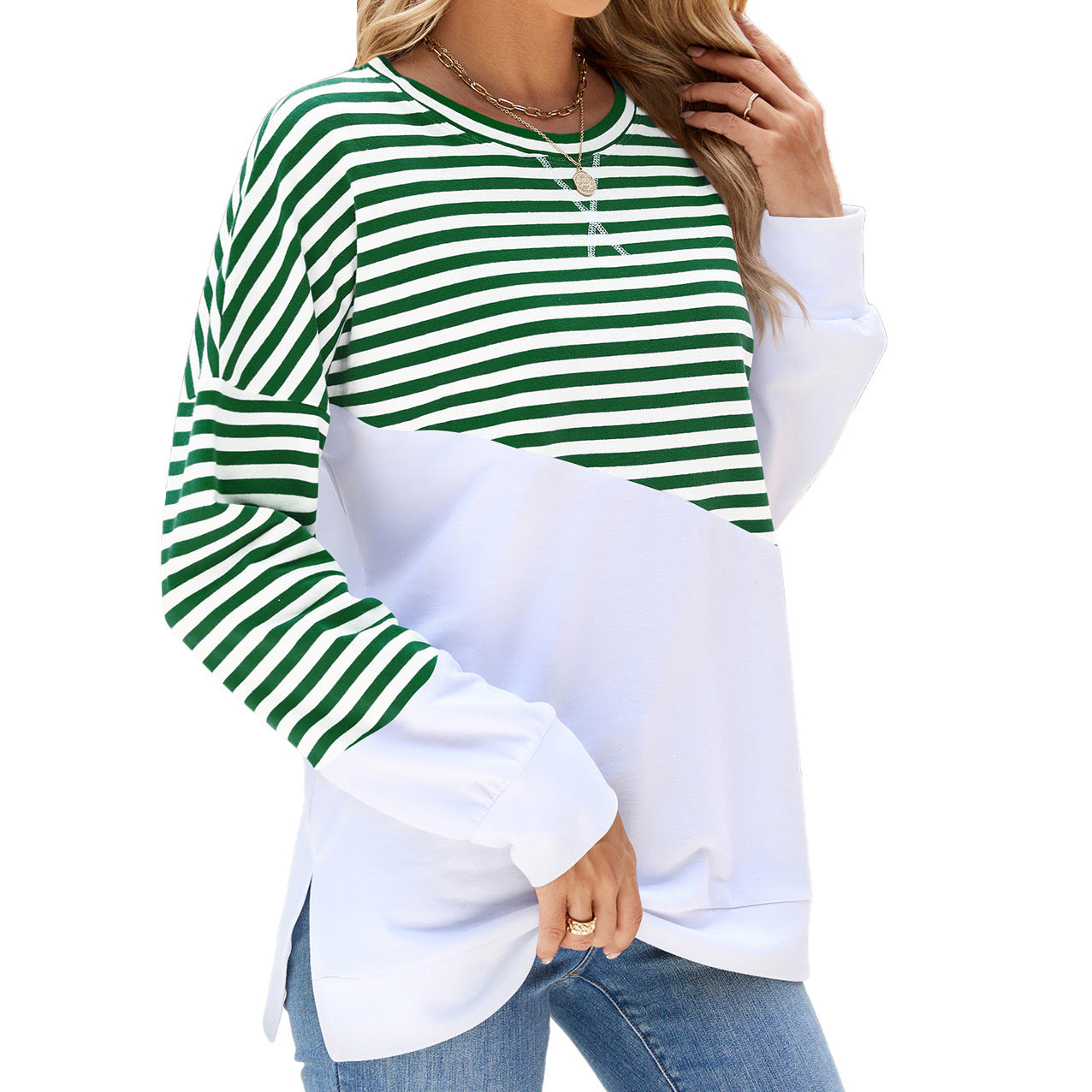 Newly Released at Buy Center: Striped Printed Long Sleeve T Shirt Fashion Casual Round Neck Pullover Split Design Women's Clothing Green White