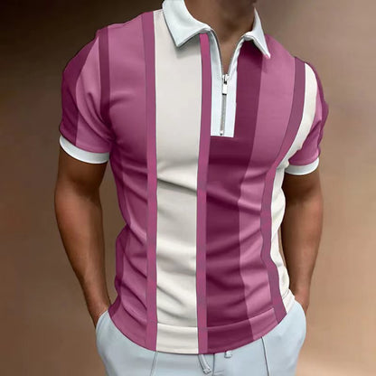 Fresh Arrivals at Buy Center: Men's Striped Short-sleeved Polo Shirt Slim Lapel Pink