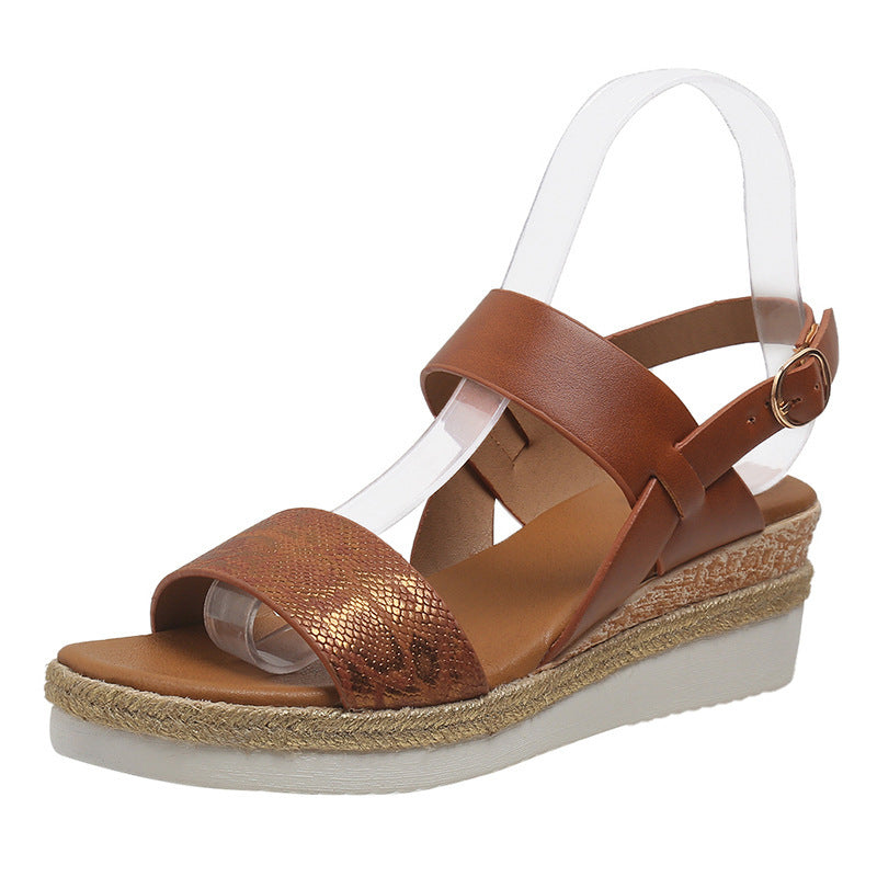 Trending Now at Buy Center: Spring And Summer New Wedge Round Toe Wide Strap Sandals For Women Dark Brown