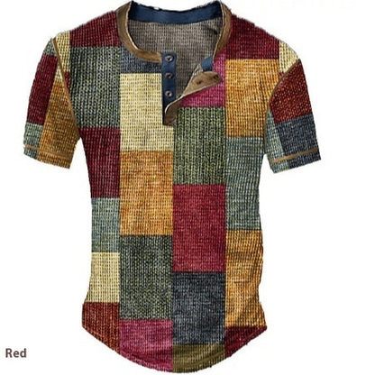 Men's Clothing Graphic Plaid Color Block Printed Men's Waffle Henley Shirt Short Sleeve