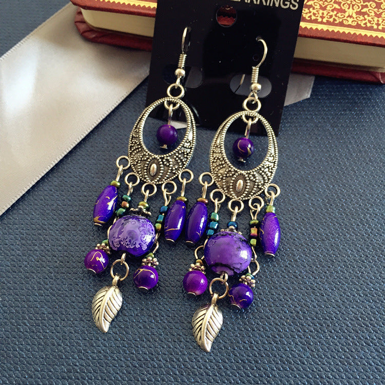 Buy Center Handpicked- Bohemian Retro Ethnic Style European And American Antique Silver Earrings Goddess Style Mallow Purple