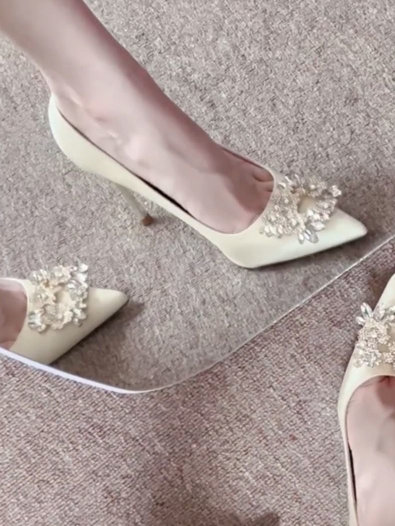 Champagne Bridal Shoes Rhinestones Square Buckle Slim Heels Buy Center