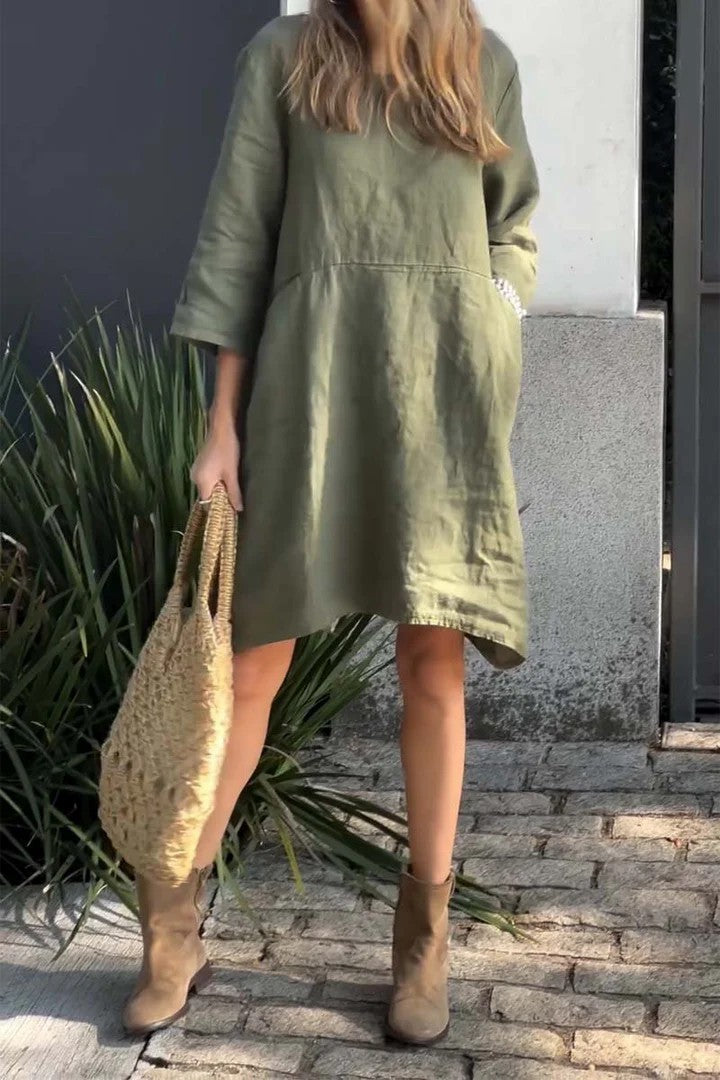 Hot New Items at Buy Center: Women's Cute Solid Color Loose Casual Pocket Cotton Linen Dress Army Green