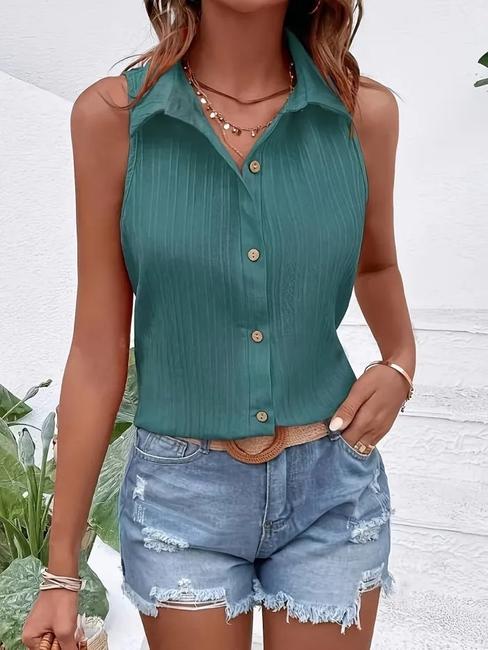 Buy Center Top Pick- Summer Solid Color Sleeveless Button Shirt Peacock Green