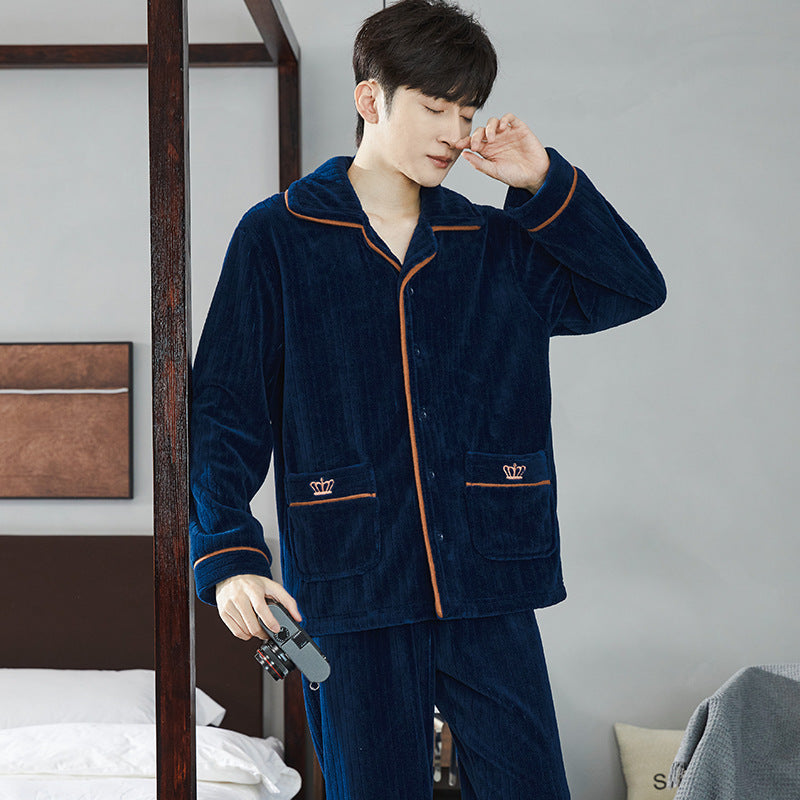 Autumn And Winter Flannel Men's Pajamas Men's Lapel Cardigan Buy Center