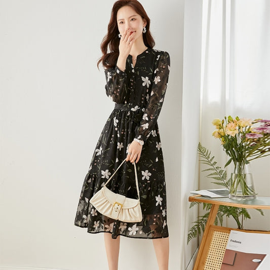 Buy Center Special-French Chiffon Floral Dress Black