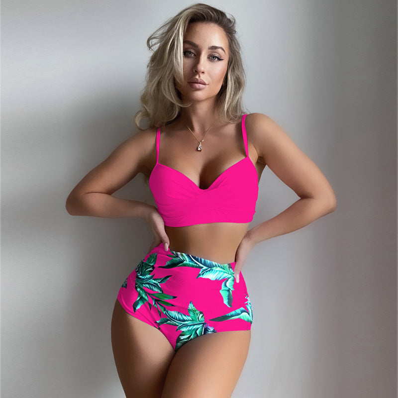 Hot New Items at Buy Center: Steel Bracket Push Up High Waist Slim And Sexy Printed Split Bikini Rose Red