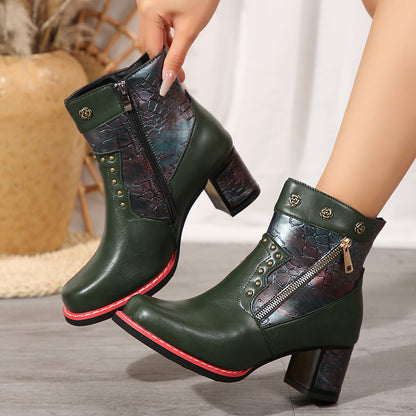 Autumn Winter Retro Stitching Chunky Heel High Heel Short Martin Boots Buy Center