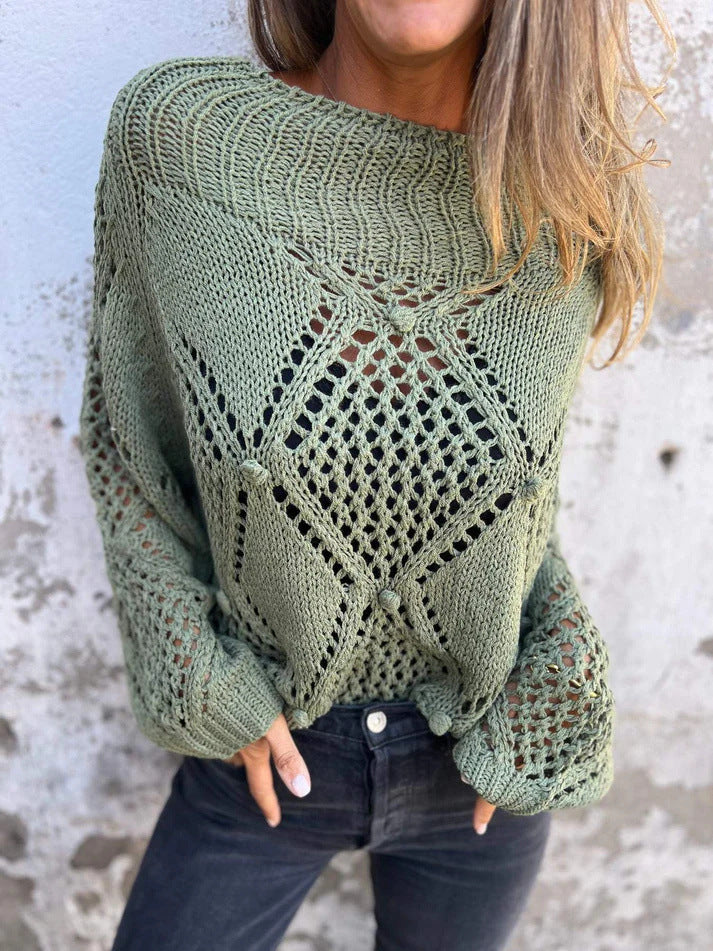 Buy Center Ultimate-European And American Leisure Loose Hollow Out Sweater Round Neck Knitted Top Green