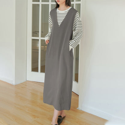 Autumn And Winter Sleeveless V-neck Overknee Long Dress Solid Color Gray