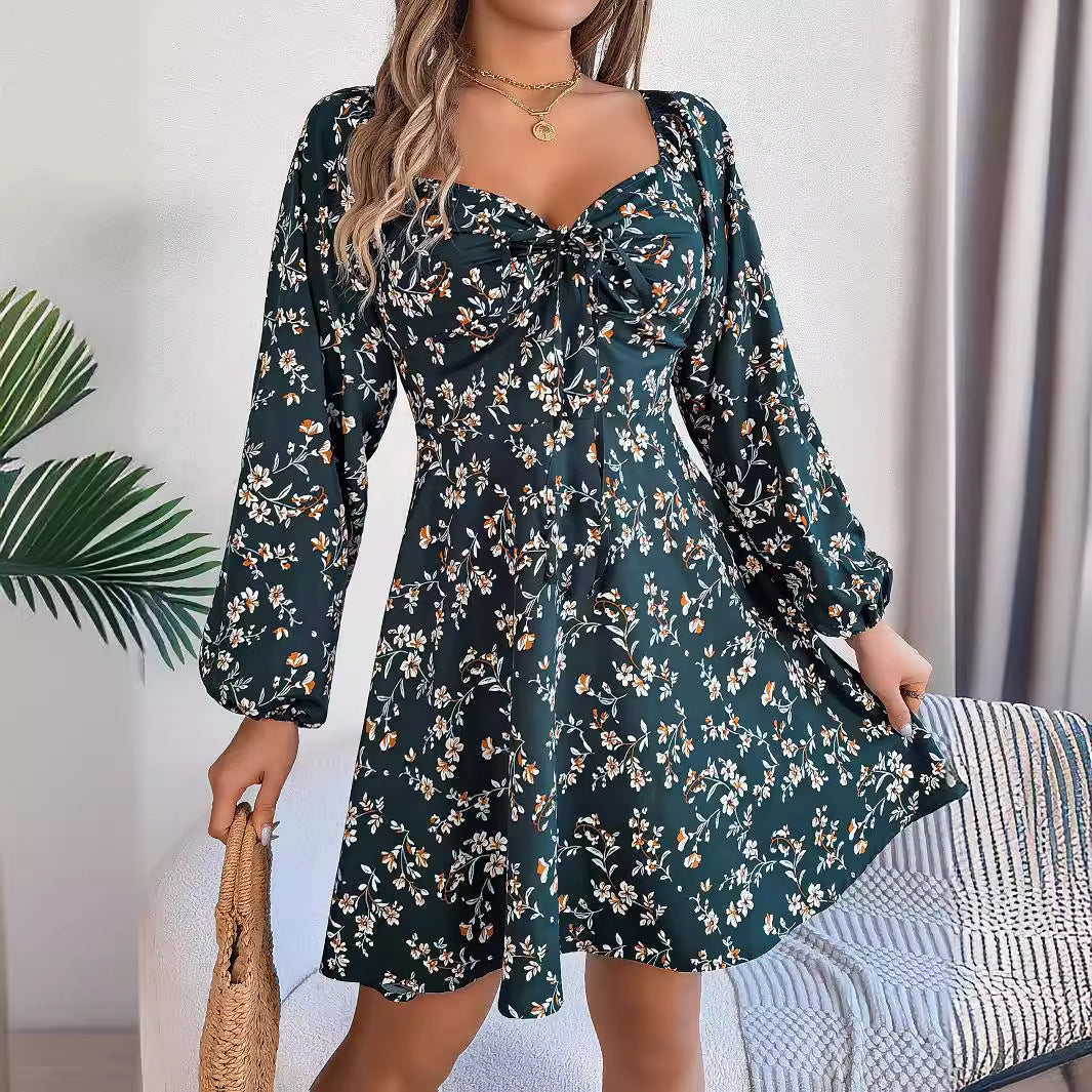 Newly Released at Buy Center: Fashion Floral Print Lantern Sleeve Dress Casual Sexy Tie Square Neck Long Sleeve A-Line Dress Women's Clothing Dark Green