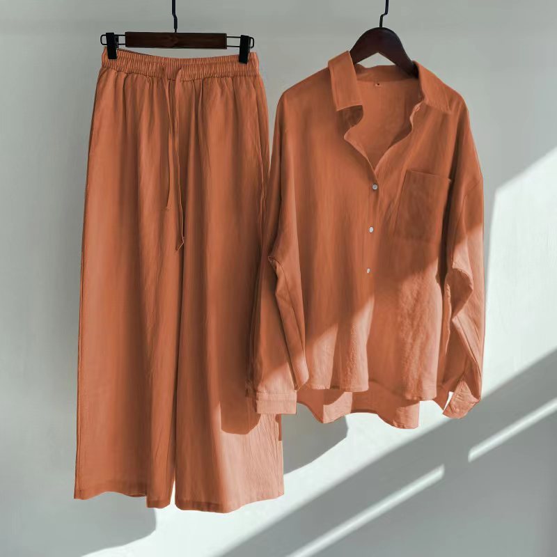 Buy Center Hot Pick-Cross-border Women's Ancient Cotton And Linen Shirt Outfit High Waist Loose Trousers Orange Red