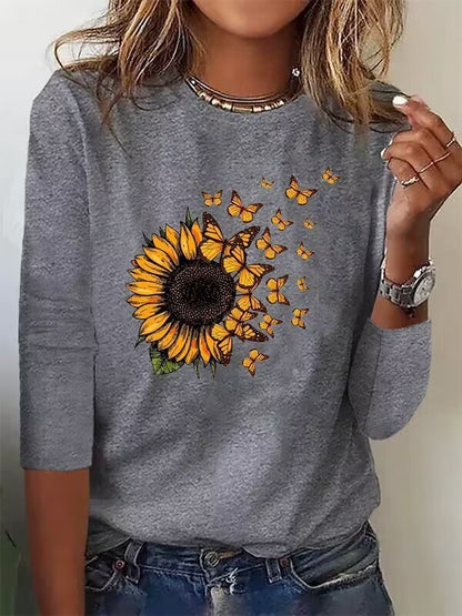 Buy Center Hot Pick-Women's Fashion Butterfly Sunflower Print Top