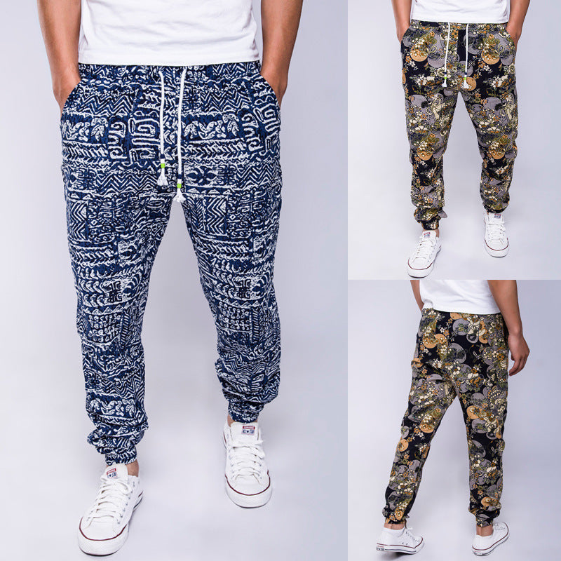 Famous ethnic style printed cotton hemp casual pants