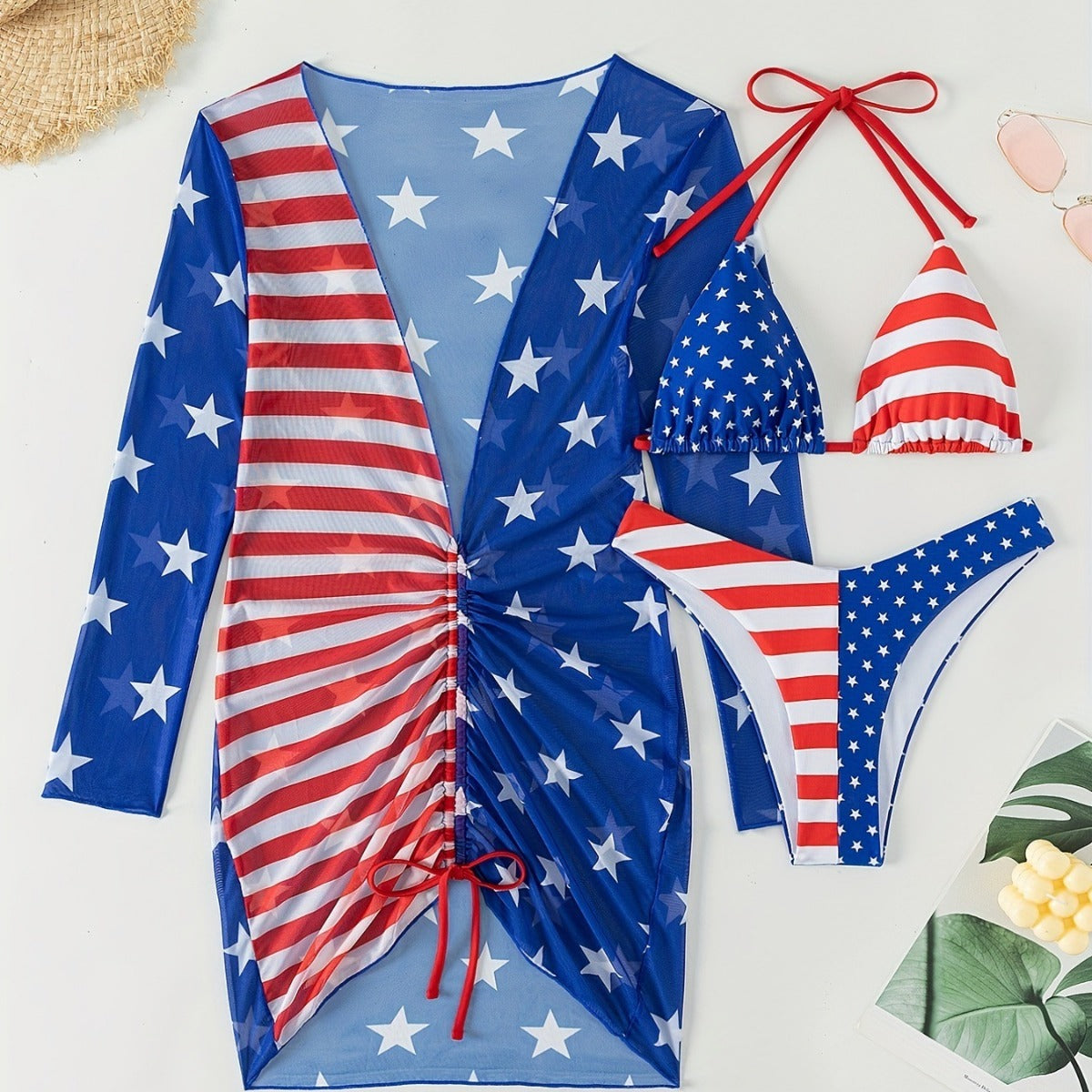 Fresh Arrivals at Buy Center: Women's Swimsuit Sleeveless Halter Loose Independence Day Flag Printed Gauze Three-piece Suit Color