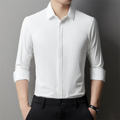 Men's Light Luxury High-end Hidden Hook Long-sleeved Shirt White