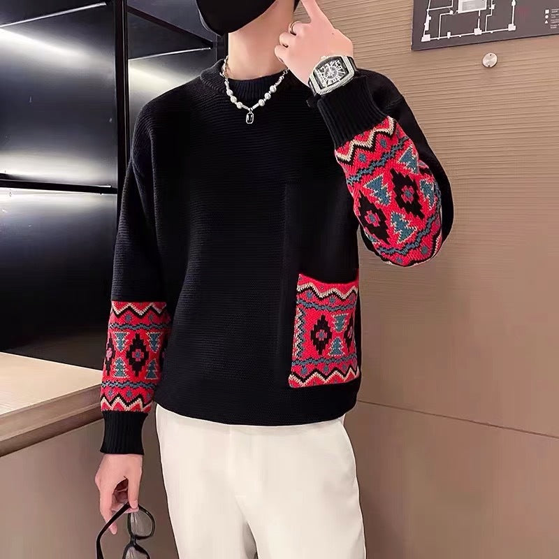 Ethnic Style Jacquard Design Men's Sweater Black