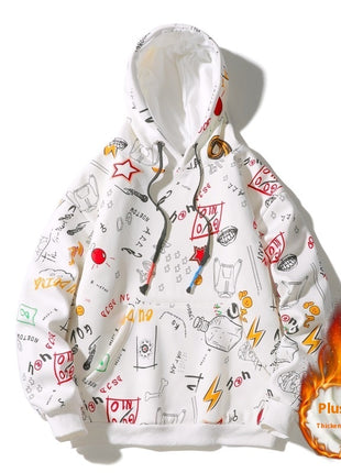 Autumn And Winter Fleece-lined Graffiti Hooded Sweater Men