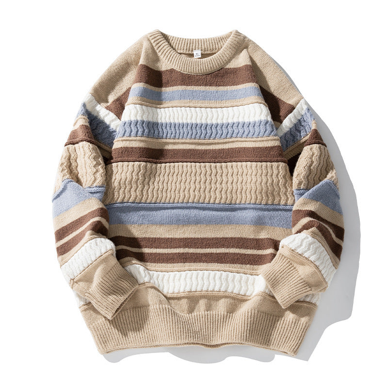 Japanese Round Neck Sweater Men's Striped Color Contrast Patchwork Buy Center