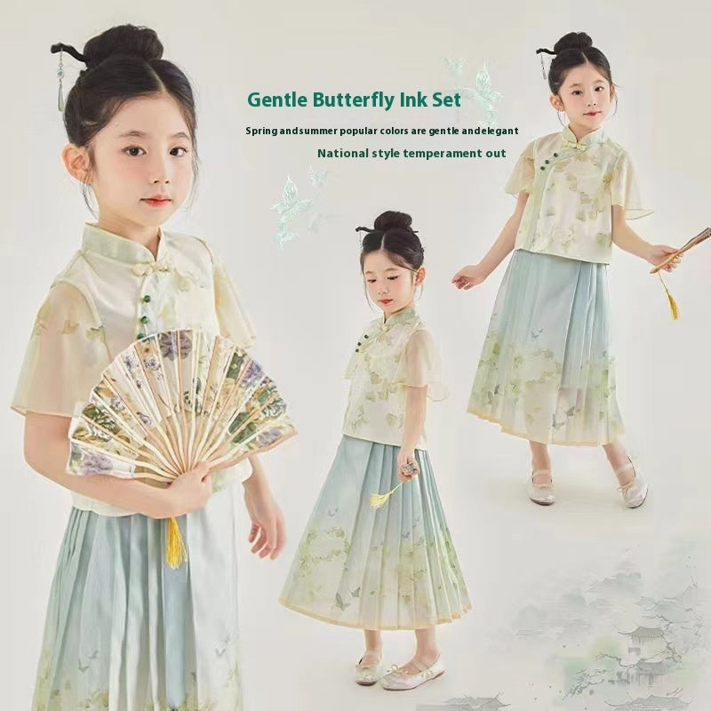 Fresh Arrivals at Buy Center: Girls Chinese Style Traditional Short Sleeve Horse-face Skirt Kids Clothes Two-piece Suit