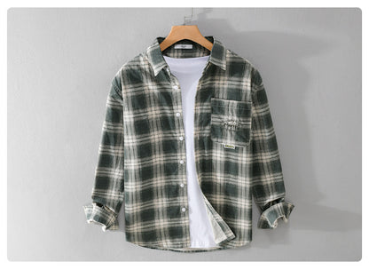 Newly Arrived at Buy Center: Cotton Plaid Long-sleeved Shirt Retro Cotton Brushed Casual Overshirt