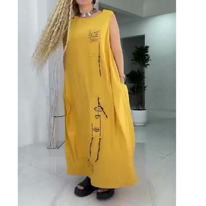 Buy Center Handpicked- Plus Size Printed Solid Color Loose Round Neck Vest Dress Yellow