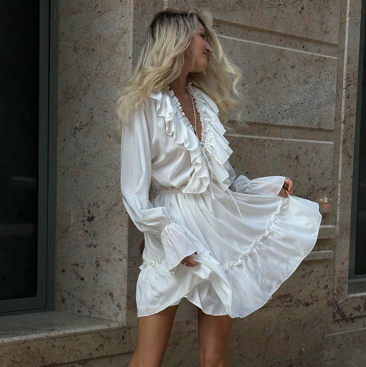 Hot New Items at Buy Center: Fashion V Neck Pleated Ruffle Long Sleeve Dress Y2K V Neck Flared Sleeve Short Dress Women's Clothing