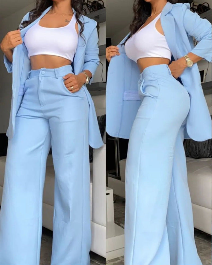 Buy Center Premium-Pure Color Split Sleeve Lapel Suit Straight-leg Pants Suit Women Sky Blue