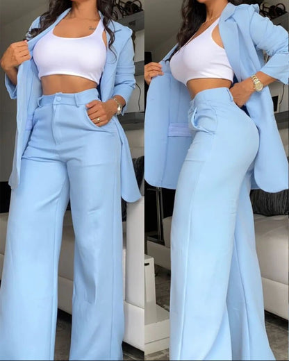 Buy Center Premium-Pure Color Split Sleeve Lapel Suit Straight-leg Pants Suit Women Sky Blue