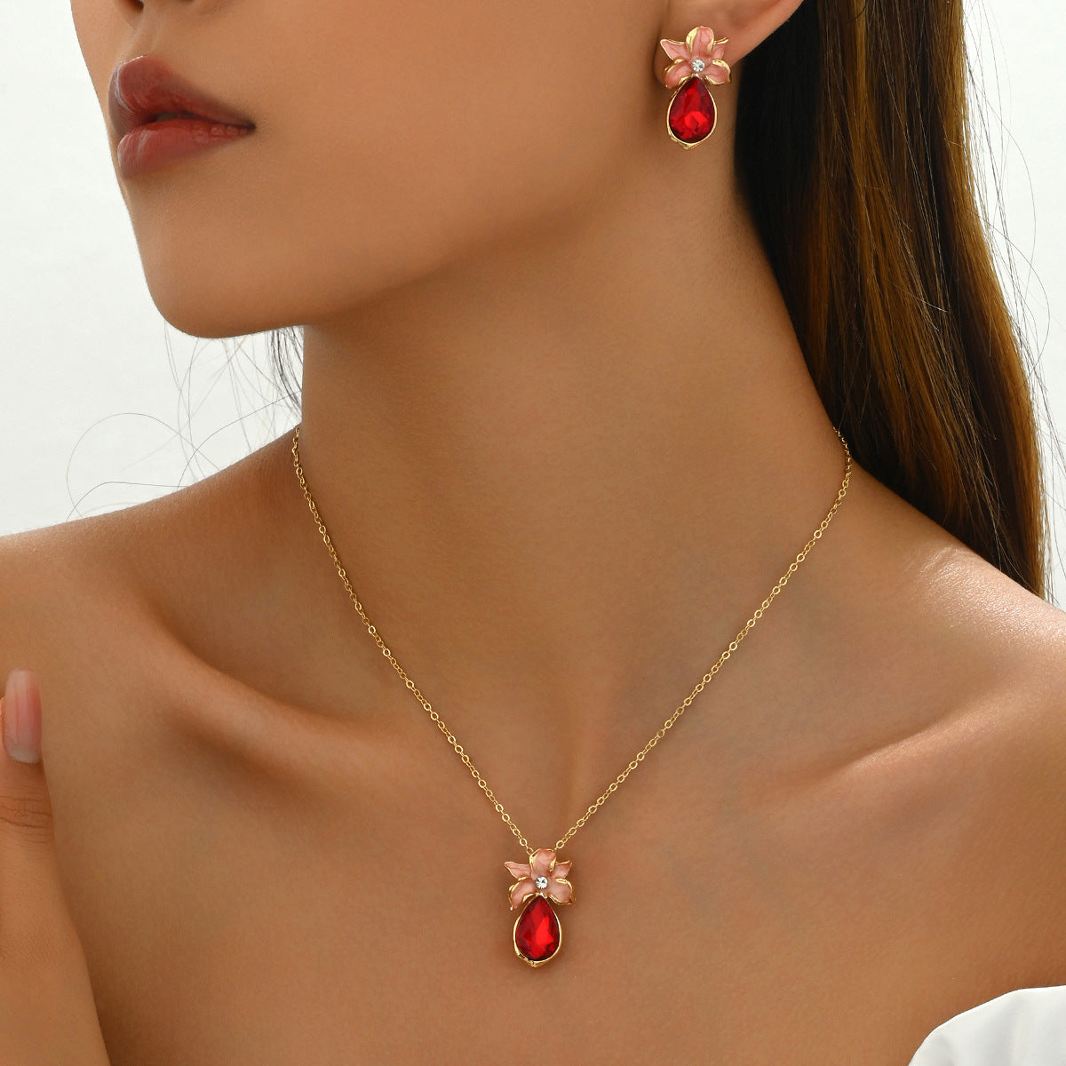 Buy Center Exclusive Offer-Simple Flower Necklace And Earrings Suite Inlaid Zircon