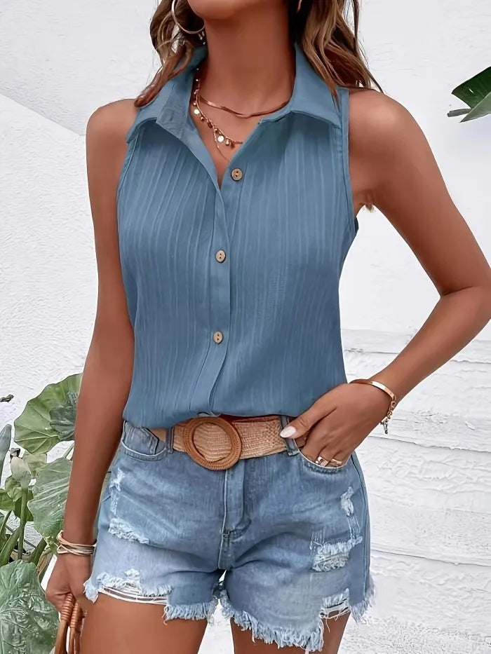 Buy Center Top Pick- Summer Solid Color Sleeveless Button Shirt Sea Blue