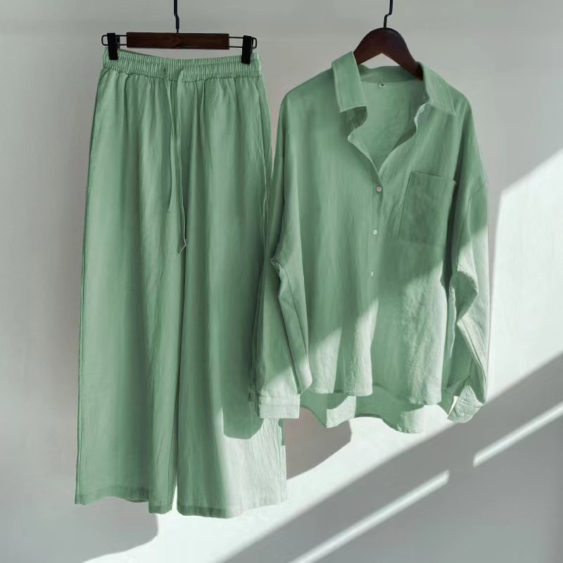 Buy Center Hot Pick-Cross-border Women's Ancient Cotton And Linen Shirt Outfit High Waist Loose Trousers Clear Green