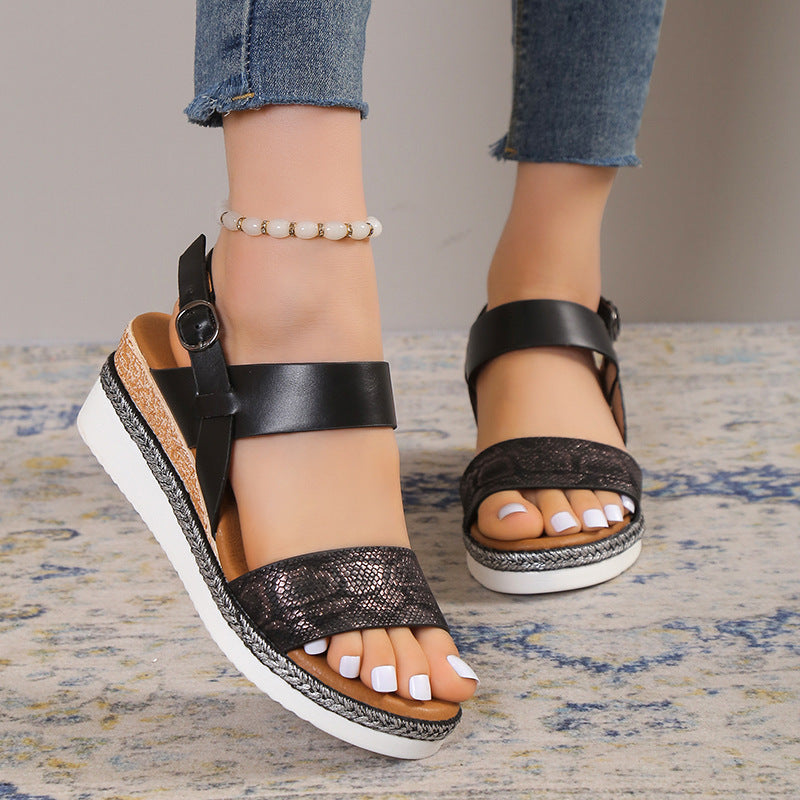 Trending Now at Buy Center: Spring And Summer New Wedge Round Toe Wide Strap Sandals For Women