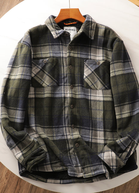 Autumn And Winter Fleece-lined Warm Composite Lambswool Plaid Shirt Cotton-padded Coat