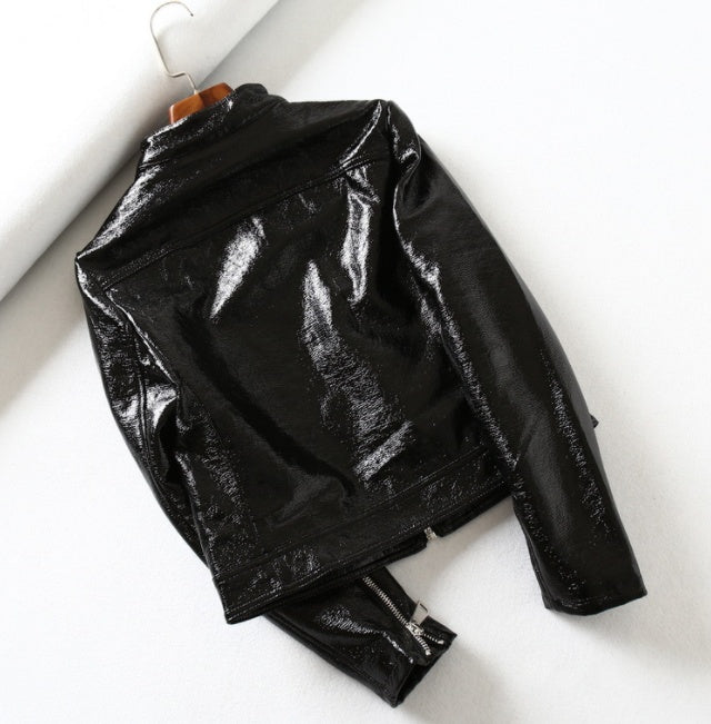 Black Bright Leather PU Short Motorcycle Leather Jacket Women's Jacket Buy Center