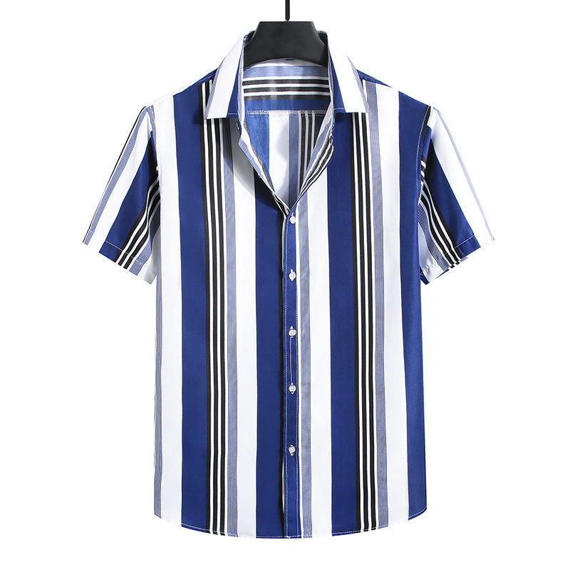 Fresh Arrivals at Buy Center: Men's Fashion Loose Striped Short Sleeve Shirt Top C213 Navy Blue