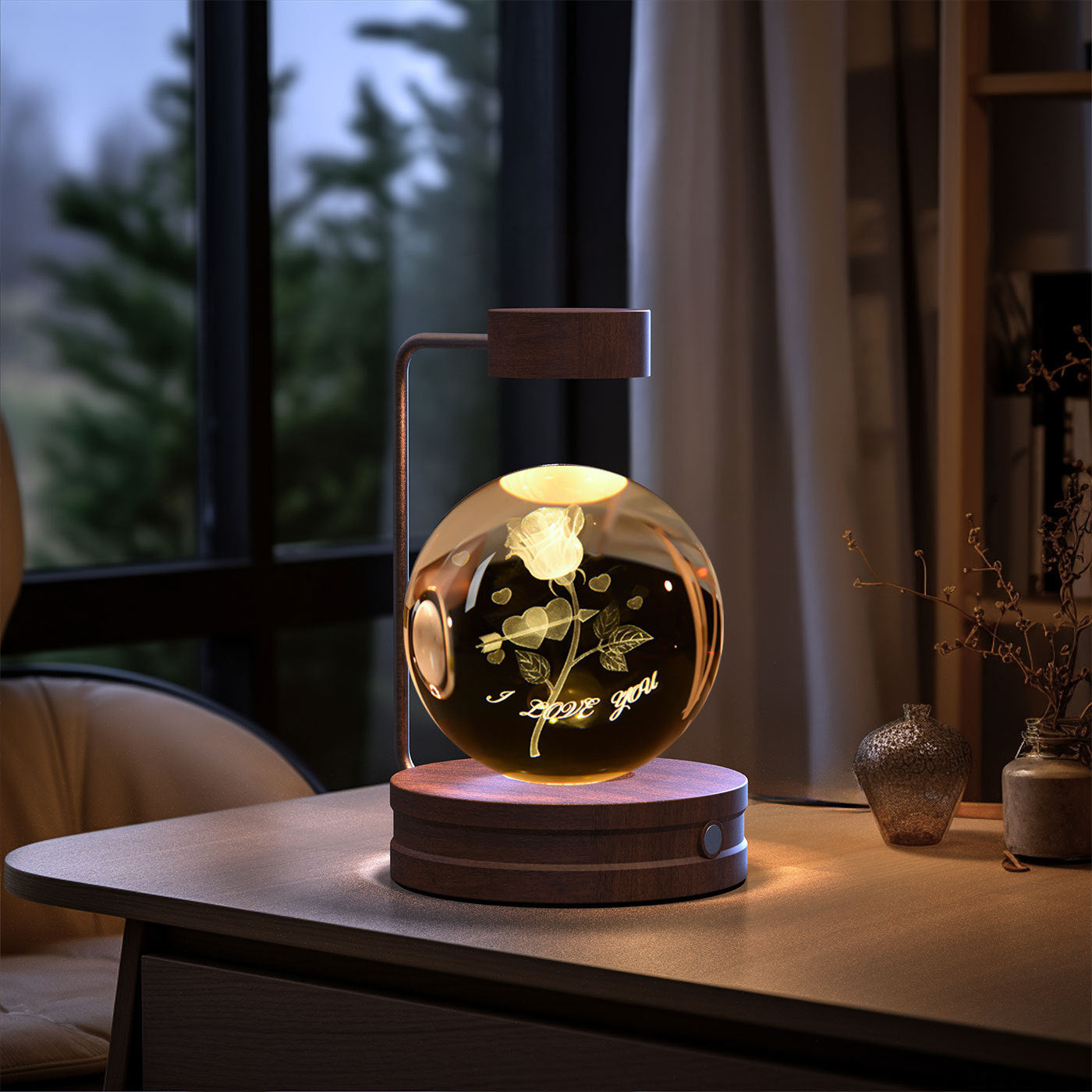 Crystal Ball Cosmic Dinosaur Indoor Night Light USB Power Warm Bedside Light Birthday Gift Night Lamp Roses Dark wood