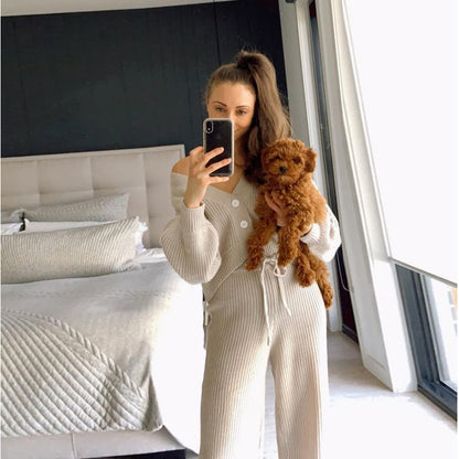 Buy Center Choice-Fashion Women's Wear Long-sleeved Sweater And Trousers Two-piece Set