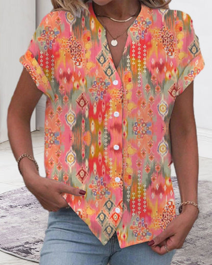 New Cross-border European And American Printed Button V-neck Short-sleeved Top Women's Clothing