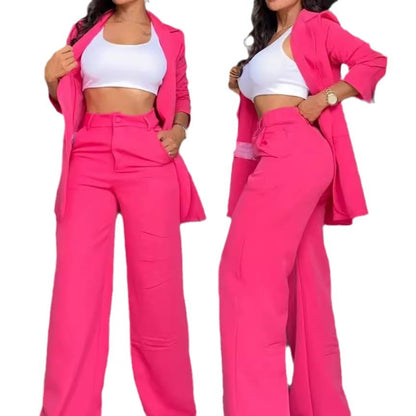 Buy Center Premium-Pure Color Split Sleeve Lapel Suit Straight-leg Pants Suit Women