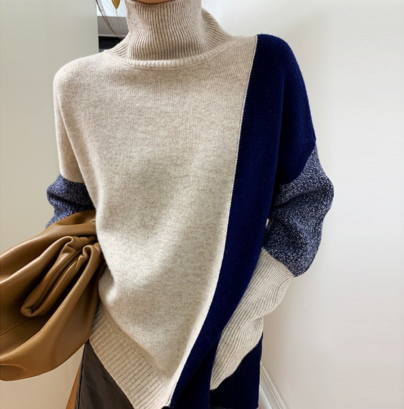 Women's Loose High Neck Contrasting Sweater Apricot Blue Free Size