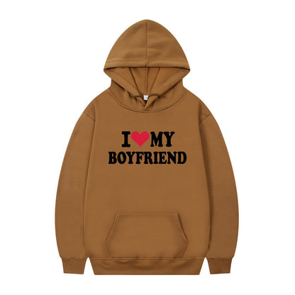 New at Buy Center: I Love My Boyfriend Print Hoodie Sweatshirt Pullover Brown I