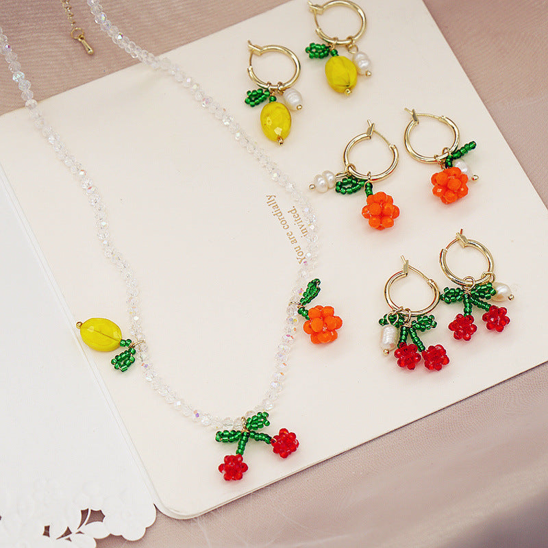 Buy Center Choice-Handmade Beaded Cherry Orange Fruit Earrings Necklace