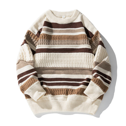 Japanese Round Neck Sweater Men's Striped Color Contrast Patchwork Buy Center