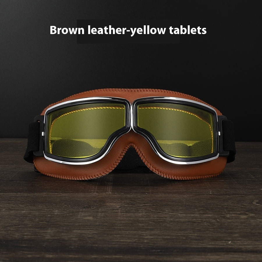 Hot New Items at Buy Center: Men's Retro Outdoor Goggles Brown Leather Frame Yellow