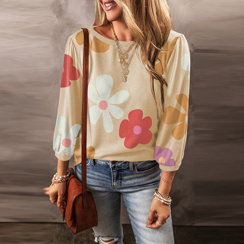 European And American Leisure Wild Flower Floral Print Long Sleeve Pullover | Women's Clothing3 | Buy Center