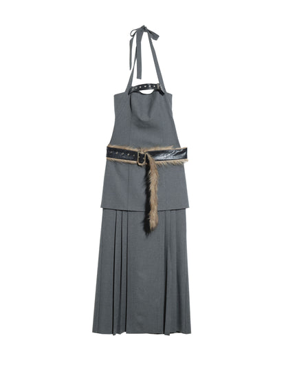 Stitching Belt Low Waist Elegant Gray Halter Pleated Split Dress Buy Center